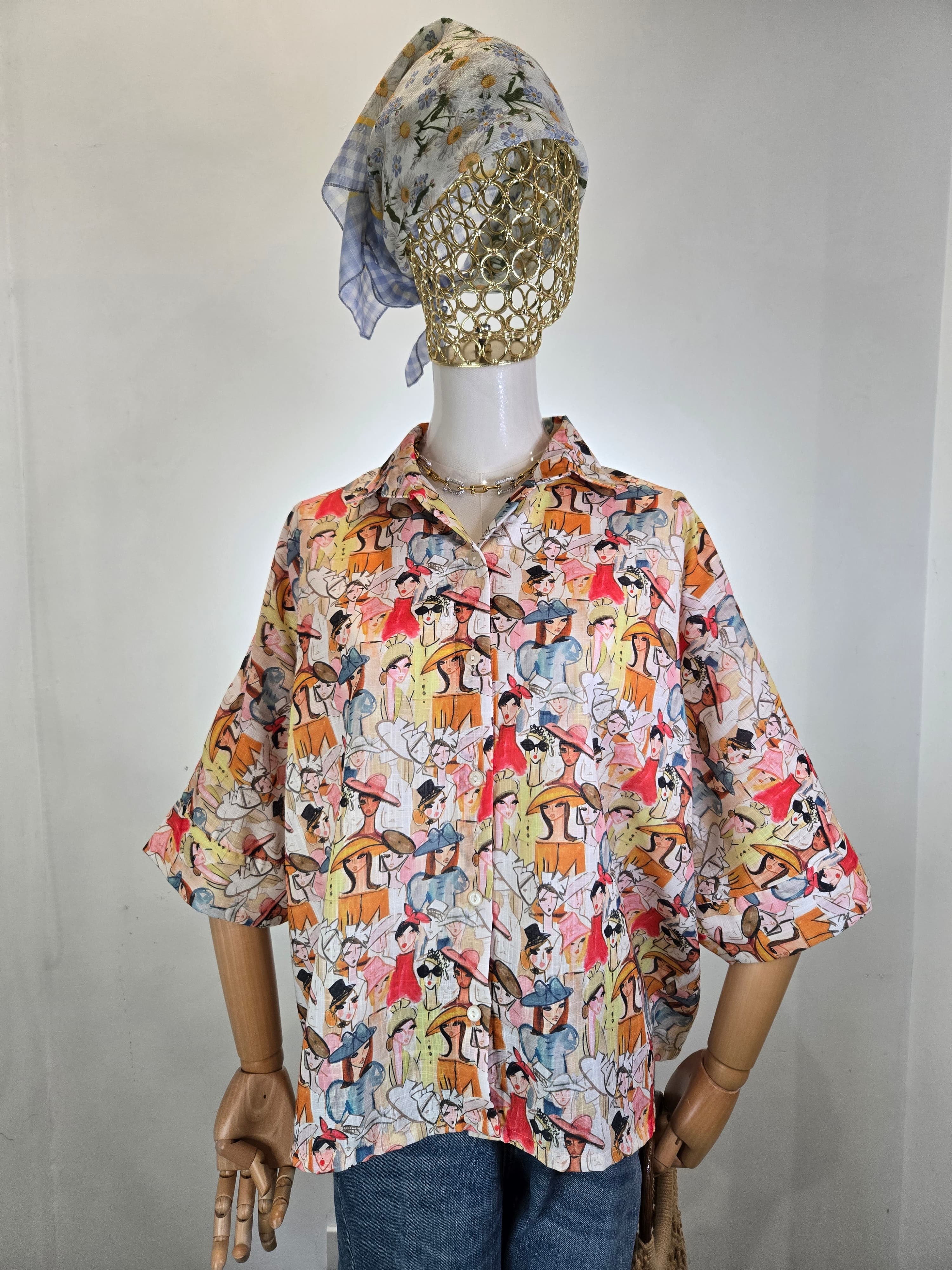 Linen Slab Fabric with Print CITY MUSE FACE BLOUSE BL-ART004 2